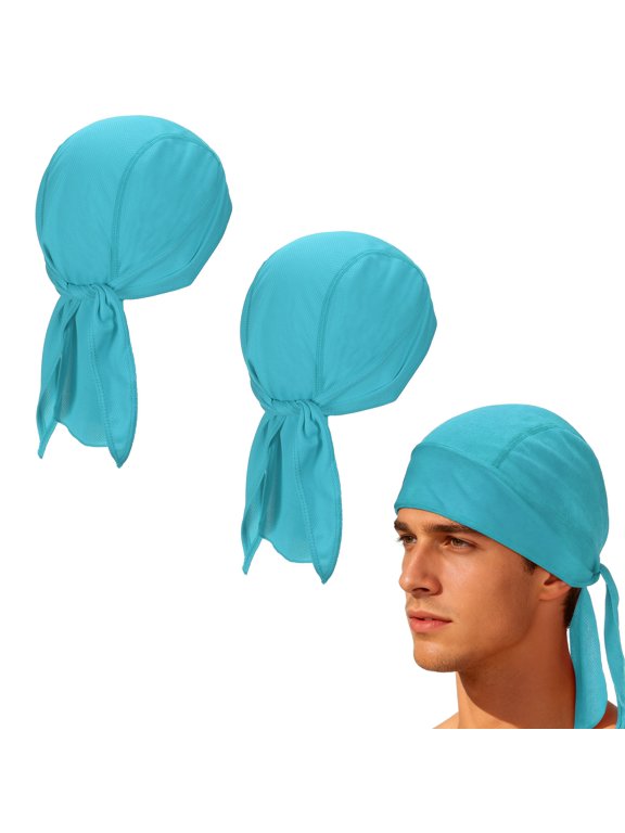 Cooling Do Rags Sweat Wicking, Solid Skull Caps Rag Breathable Motorcycle Dew Head Wrap Bandana Hats Helmet Liner 2 Pcs & Sky Blue