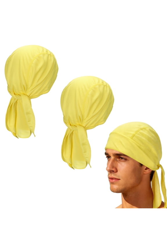 Cooling Do Rags Sweat Wicking, Solid Skull Caps Rag Breathable Motorcycle Dew Head Wrap Bandana Hats Helmet Liner 2 Pcs & Yellow