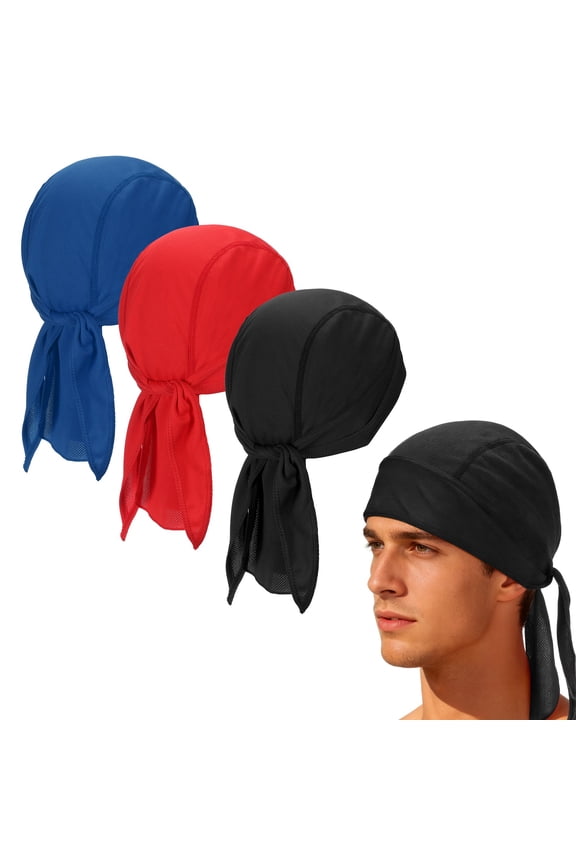 Cooling Do Rags Sweat Wicking, Solid Skull Caps Rag Breathable Motorcycle Dew Head Wrap Bandana Hats Helmet Liner 3 Pcs & Black/Red/Sapphire Blue