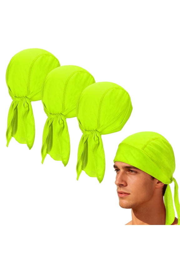 Cooling Do Rags Sweat Wicking, Solid Skull Caps Rag Breathable Motorcycle Dew Head Wrap Bandana Hats Helmet Liner 3 Pcs & Fluorescent Green