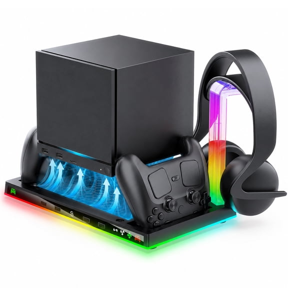 Cooling Dock Station for Steam Machine, Multifunctional All-in-One Storage Stand for Controller, Console & Headset, Gaming Console Cooling Base with 3-Speed Fan, USB Charging Hub & RGB Light