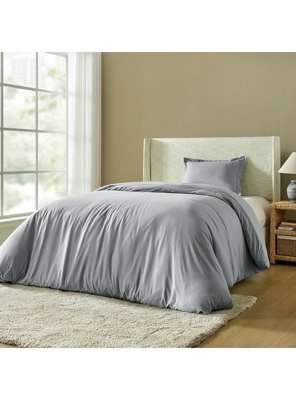 Cooling Duvet Cover Set, Tina's Home 2 Piece 3M Moisture Wicking Reversible Washed Cotton Pillowcases 8 Corner Ties Twin Grey