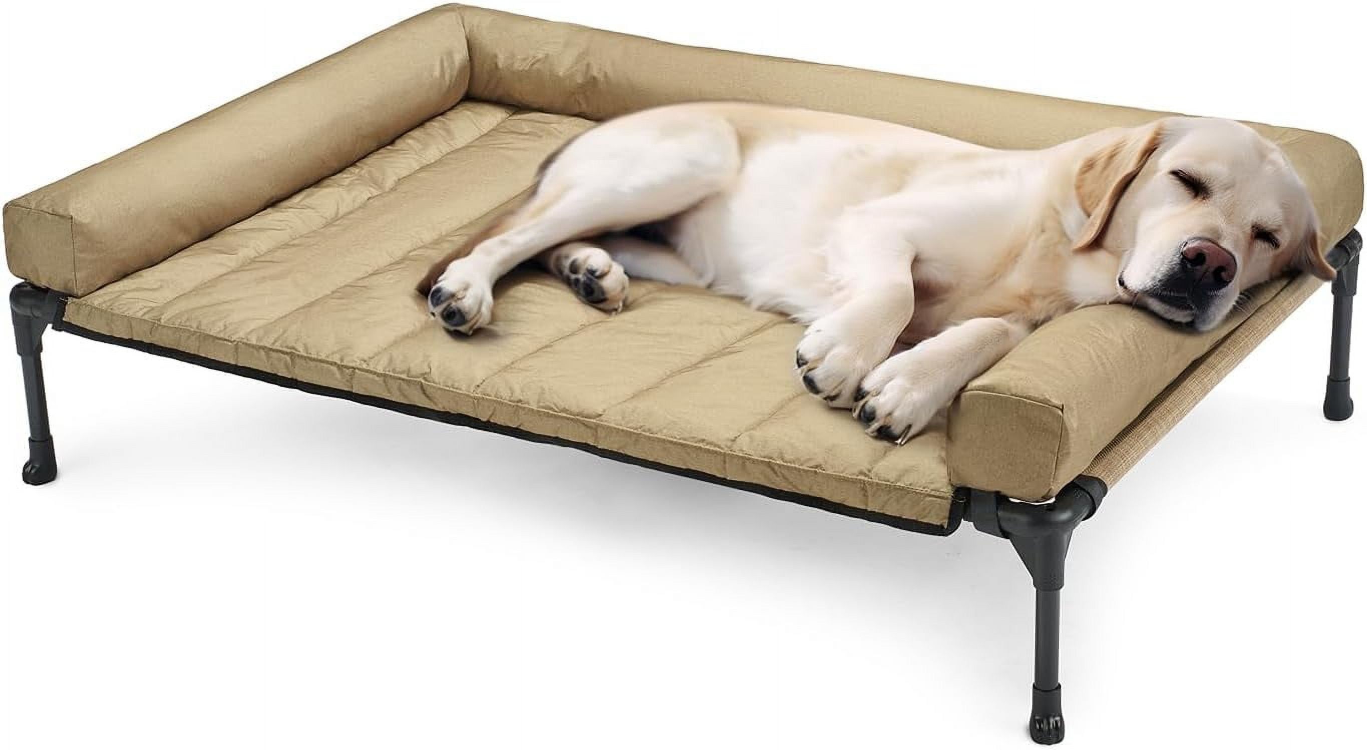 Cooling Elevated Dog Bed + Waterproof Removable Pillow-Top Mat, Bolster Dog Cot Bed, Raised Pet Cot with Breathable Mesh, No-Slip Feet, Dog Couch Bed for Indoor & Outdoor, Large, Beige