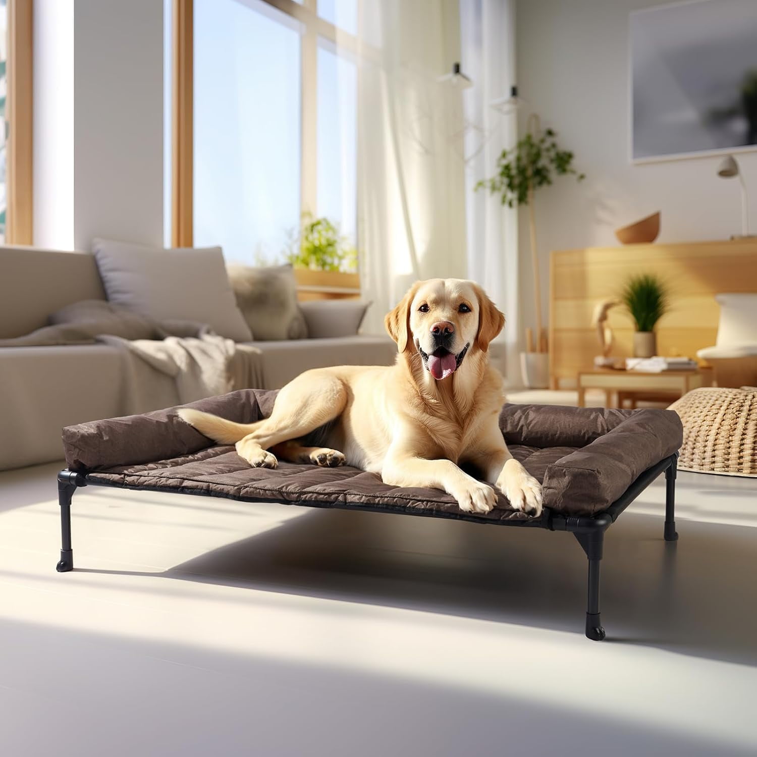 Cooling Elevated Dog Bed Add Removable Waterproof Bolster Cushion Mat, Raised Pet Cot with Breathable  Mesh, No-Slip Feet, Dog Couch Bed for Indoor Outdoor, Large, Brown