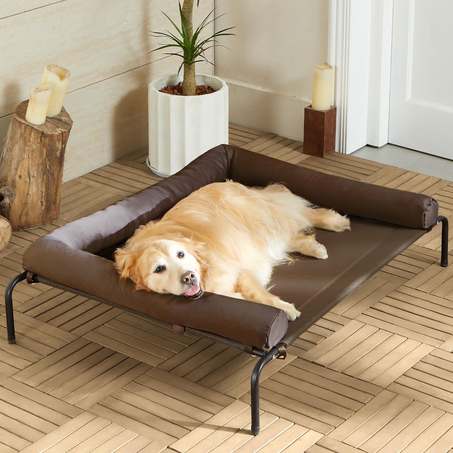 Cooling Elevated Dog Bed for Large Dogs – Waterproof Raised Dog Cot with Slope Headrest, Breathable Teslin Mesh, Durable & Portable Pet Bed for Indoor and Outdoor Use, Brown
