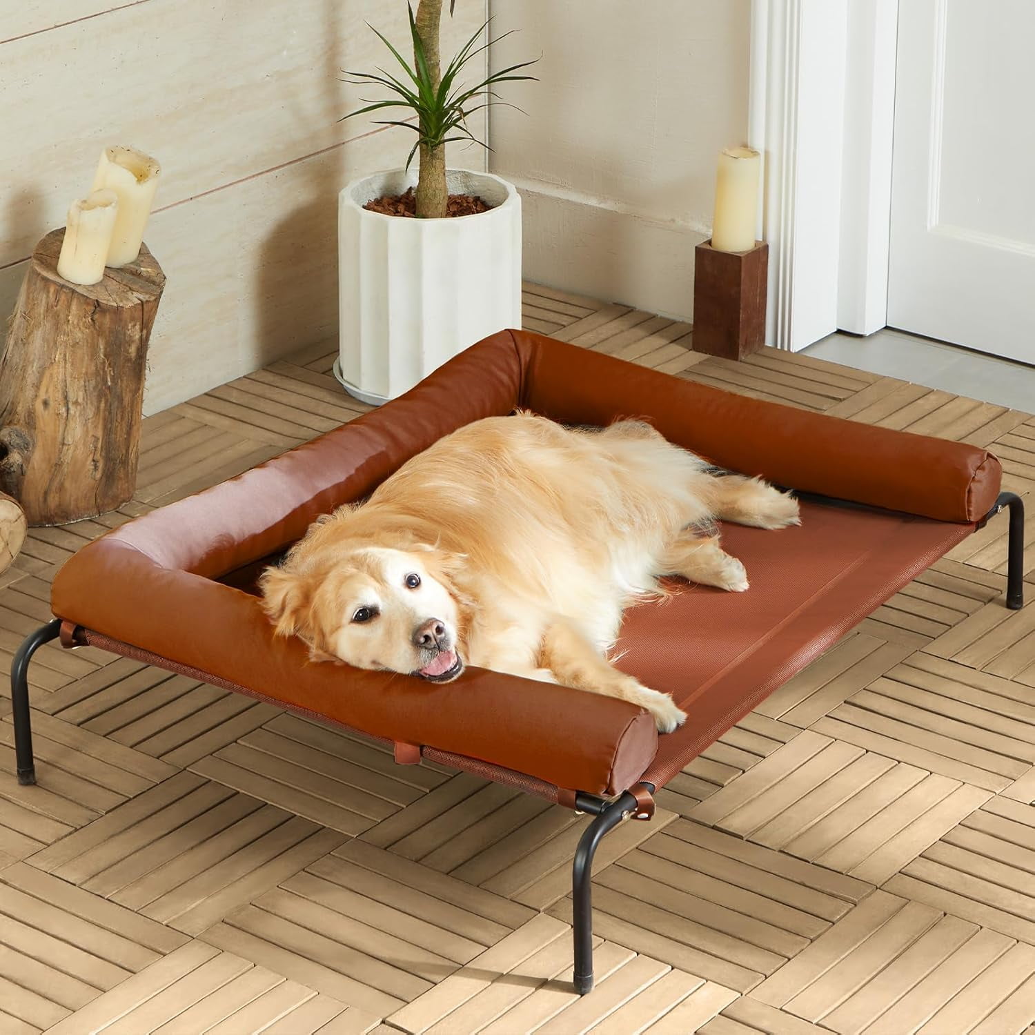 Cooling Elevated Dog Bed for Large Dogs – Waterproof Raised Dog Cot with Slope Headrest, Breathable Teslin Mesh, Durable & Portable Pet Bed for Indoor and Outdoor Use, Caramel