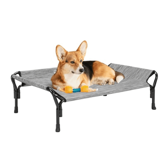 Cooling Elevated Dog Bed, Raised Pet Cot with Guardrail & Slope Headrest, Durable Breathable Teslin Mesh, Non-Slip Feet, Washable Dog Couch Bed for Indoor & Outdoor, 39.5" x 28", Black Silver