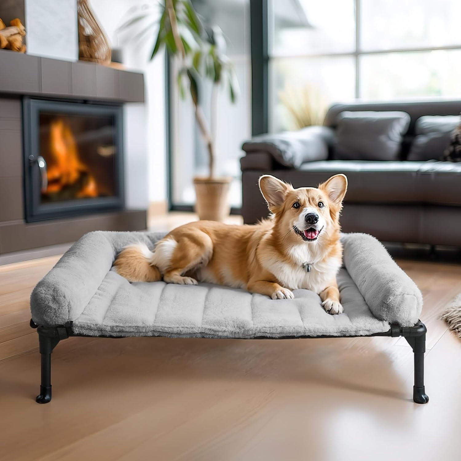 View of Cooling Elevated Dog Bed + Removable Fluffy Plush Pillow Cushion ...