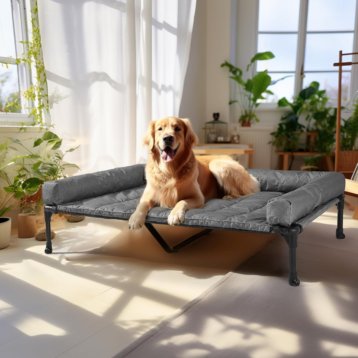 Cooling Elevated Dog Bed + Waterproof Removable Pillow-Top Mat, Bolster Dog Cot Bed, Raised Pet Cot with Breathable Mesh, No-Slip Feet, Dog Sofa Bed for Indoor & Outdoor, XLarge, Black Silver