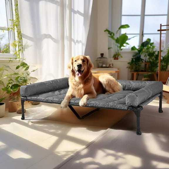 Elevated Dog Bed Add Removable Waterproof Bolster Cushion Mat, Raised Pet Cot with Breathable Teslin Mesh, No-Slip Feet, Dog Sofa Bed for Indoor Outdoor, XLarge, Black Silver