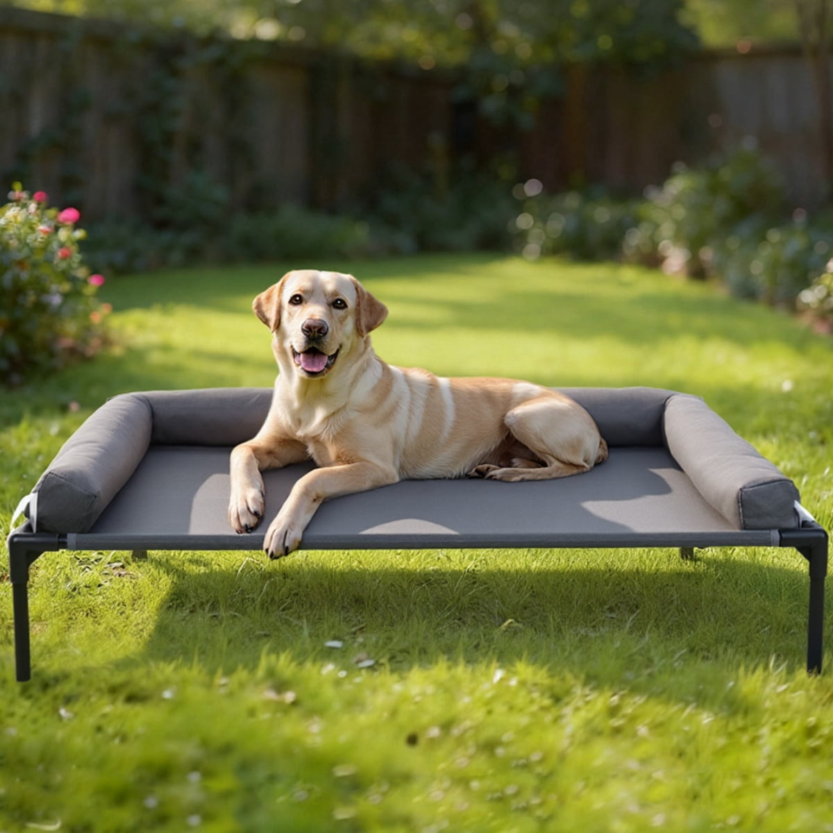 DOMIPET Cooling Elevated Dog Bed with Removable Waterproof Bolster Cushion Mat, Raised Pet Cot with Breathable Mesh, No-Slip Feet, Dog Couch Bed for Indoor Outdoor