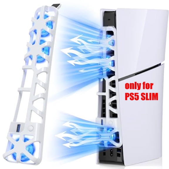 Cooling Fan Compatible with PS5 Slim, 3-Speed Silent Auto On/Off, USB 3.0 Port, LED Light, Efficient Cooling for PS5 Slim Disc & Digital