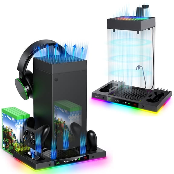 Cooling Fan & Dual Charging Stand for Xbox Series X Console & Controller,with 15 RGB Lights,Headphone Hook,Game Disc Storage