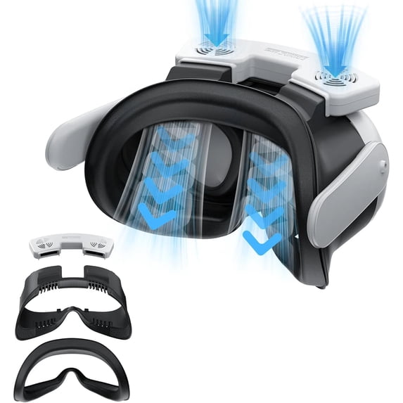 Cooling Fan Facial Interface Accessories for Meta Quest 3 - Adjustable 3-Speed Powerful Air Circulation System, PU Leather Face Pad, Helps Relieve Lens Fogging-Black White