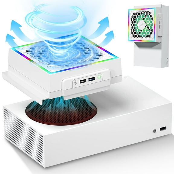 Cooling Fan Fit for Xbox Series S, Horizontal/Vertical Cooling Stand with 7 Kinds of RGB Light Modes, Low Noise External Cooling Fan, 3 Levels Adjustable Speed Heat Dissipation, 2 Extra USB Ports