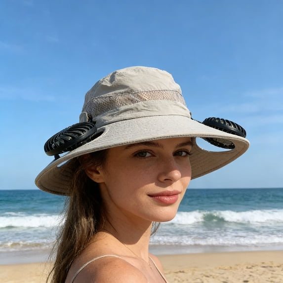 Cooling Fan Hat for Women & Men, Adjustable Wide Brim Sun Hat with 2 Rechargeable Fans, UV Protection Summer Hat for Camping, Beach, Hiking, Gardening & Outdoor Activities