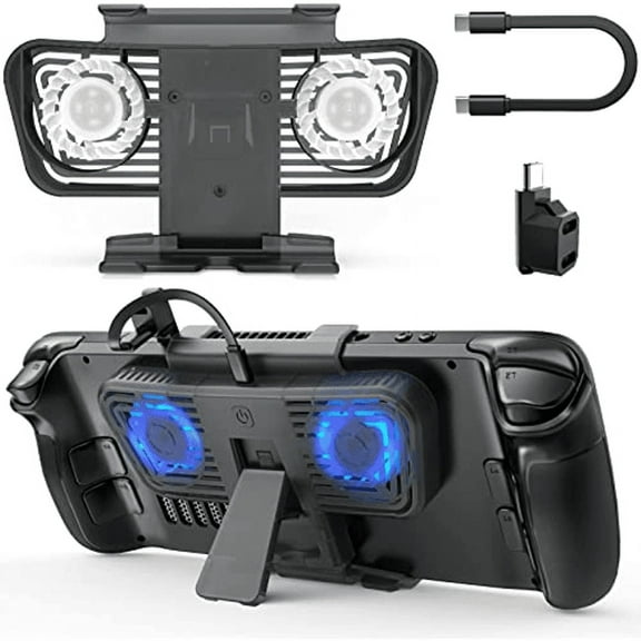 Cooling Fan Kickstand Compatible with Steam Deck, Cooler Base Stand with USB-C Adapters, Adjustable Speed Cooling Fan Holder Blue LED Light Accessories for Steam Deck, Black