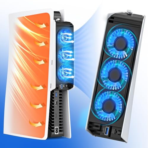 Cooling Fan for PS5 Accessories,Upgraded Auto Temperature Control for PS5 Cooling Fan with 3 Blue LED Light,USB 3.0 Hubs,Efficient for PS5 Cooler Compatible with Disc and Digital Editions