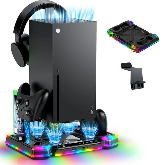 Charger Stand Cooling Fan for Xbox Series X, Controller Wireless Charger Dock Cooler System Storage Accessories with 11 RGB Lighting Modes-Black No Batteries