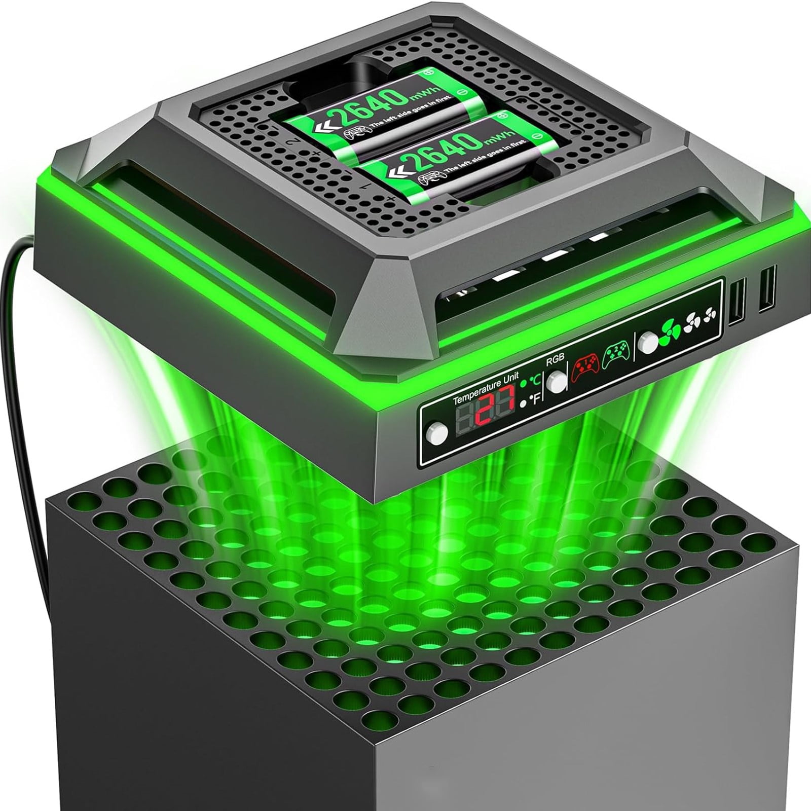 Cooling Fan for Xbox Series X Console with RGB Light, Charger Station with 2 x 2640 mWh