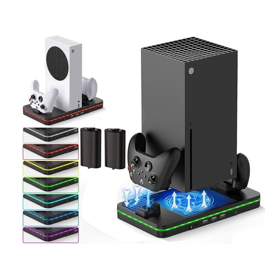 Cooling Fan for Xbox Series X/S, Controller Charging Station with 2 X 1100 mAh Rechargeable Battery Packs, Cooling Stand Dual Controller Charging Dock with RGB LED Light, 3 USB Ports for Xbox Series