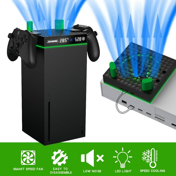 Cooling Fan for Xbox Series X/S Console Charging Stand, Temperature-controlled Cooling Fan with Dual Battery Headset and Gamepad Hook