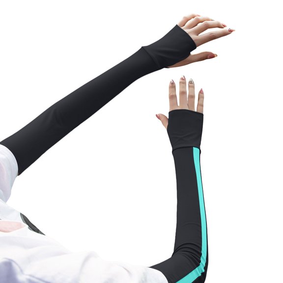 Cooling Fingerless Arm Sleeves Color Block Side Stripe UV Sun Protection Arm Sleeve Quick Dry Ice Silk Sleeves for Driving Running Camping Free Size