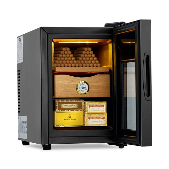 18L Black Cooling & Heating Cigar Humidor 3 in 1 Electronic Humidor Cabinet with Lights Control System& Wood Shelves Gift for Men