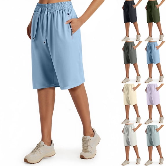 Quick Dry Shorts Women Cooling Breathable Knee Length Long Bermuda Shorts Plus Size Stretch Active Jogging Lady Athletic Walking Clothes With Pockets
