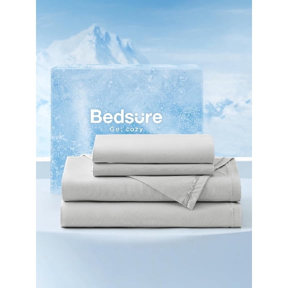 Cooling King Size Bed Sheets Set 4 Pieces Deep Pocket Up to 18 Inches Soft Breathable Grey