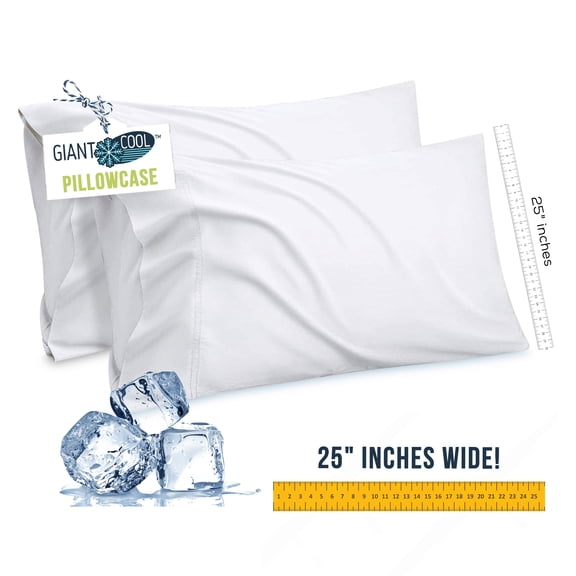 Giant Cool Oversize Extra Large Pillowcases with Cooling Tech Fabric. Extra Wide Cut 25" Inches Fits The Biggest Pillows. 300 TC Cooling Lyocell Soft Fabric. 2-Pack King White