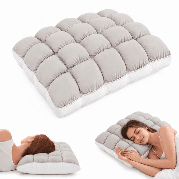 Cooling Marshmallow Puff Pillow, 3D Quilted Cloud Bed Pillow with Cool-Touch Ice-Silk Cover for Side and Back Sleepers, Machine Washable, 20 x 26 in, Gray, 1 Pack