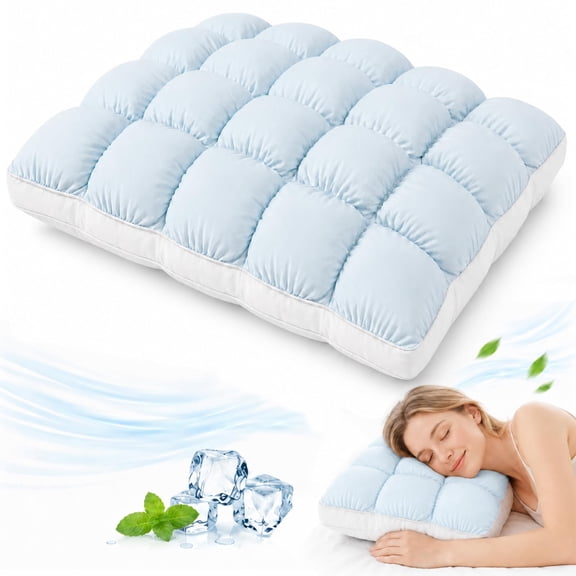 Cooling Marshmallow Puff Pillow for Adults - Cloud-Like Fluffy Down Alternative Bed Pillow, Cool-Touch Quilted Grid Design, Soft Neck Support for Side Back Sleepers