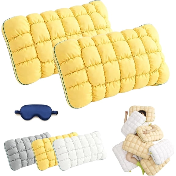 Cooling Marshmallow Puff Pillow, Quilted Cloud-Loft Design for Side, Back & Stomach Sleepers, Cool-Touch Fluffy Pillow for Adults with High-Resilience Neck Support, Breathable Washable (2, Yellow)