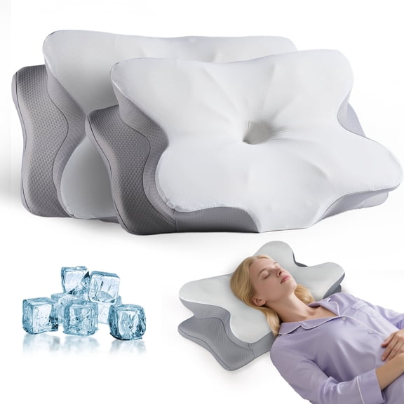 Cooling Memory Foam Pillow Cervical Pillow for Neck and Shoulder Ergonomic Neck Support Pillow for Side Back Stomach Sleepers with Pillowcase, White