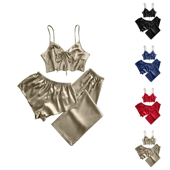 Cooling Pajamas for Women – Bamboo Tank Top Shorts Set Women's Fashion Suspender Nightdress Imitation Silk Sexy Home Clothes Summer Leisure Sexy Pajamas Three Piece Set