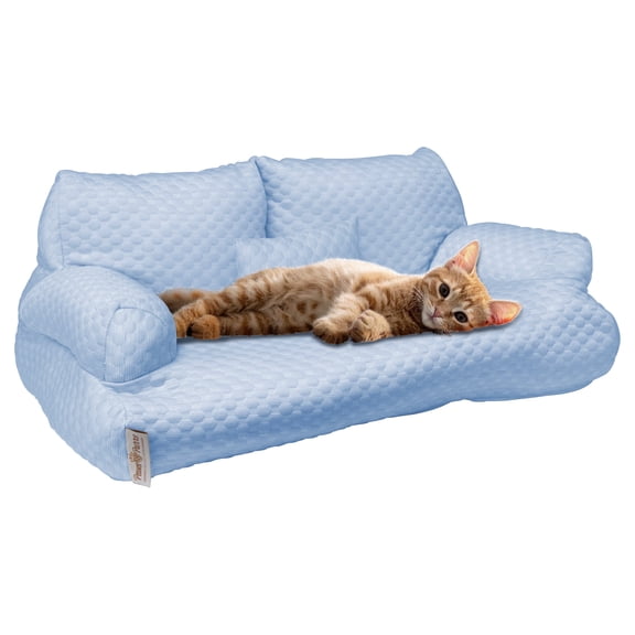 Cooling Pet Bed for Small Dogs or Cats, Breathable Fabric, Supportive Bolsters, Removable Washable Cover, Non-Slip Base, Sofa Pet Lounger Includes Mini Play Cushion, Blue