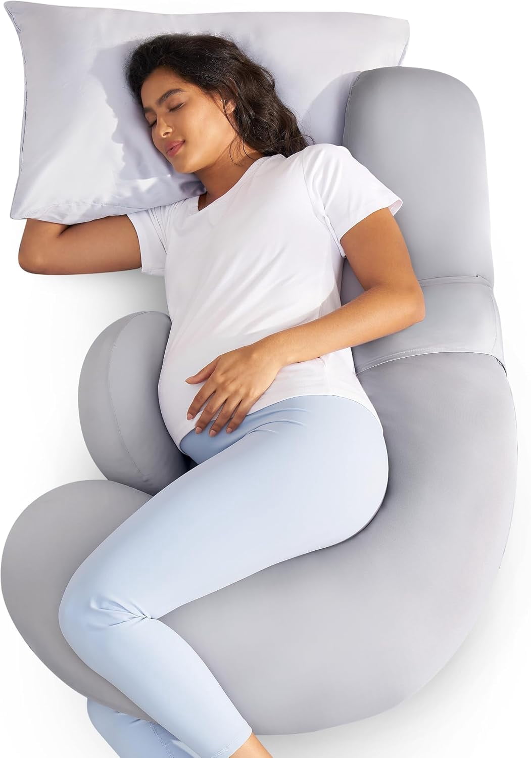 Cooling Pregnancy Pillow,Original F Shaped Maternity Pillow for Pregnant Women with Adjustable Wedge Pillow, Full Body Support Pregnancy Pillows for Side Sleeping with Velvet Cover, Light Grey
