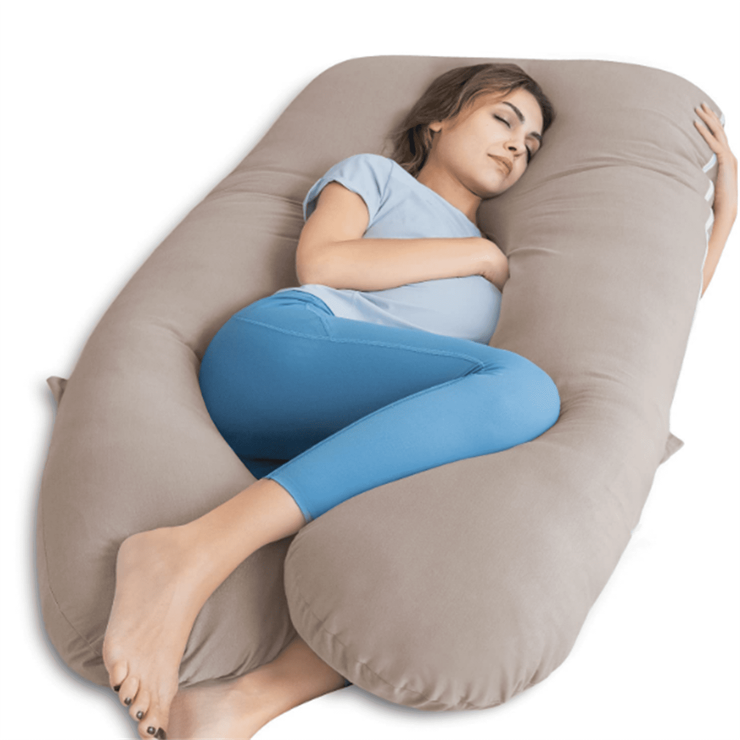 Cooling Pregnancy Pillows, Maternity Pillow for Sleeping, 55in U Shaped Body Pillow for Pregnant Support, with Removable Silky Cover, Beige