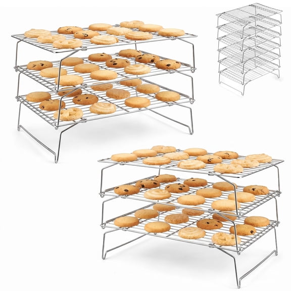 Cooling Rack 15"x10", 3-Tier Stackable & Collapsible Stainless Steel Baking Wire Racks for Cooking, Baking, Roasting, Drying, Oven & Dishwasher Safe, Silver