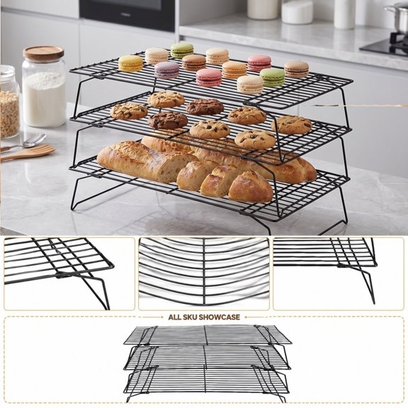 Cooling Rack 3 Tier Rectangular Wire Mesh Baking Cooling Tray Non Stick Carbon Steel 15.7 inch Stackable Cookie Cake Cooling Grid for Kitchen Baking Roasting Decorating 1 Pack