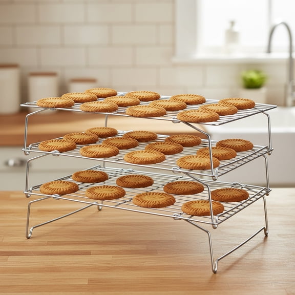 Cooling Rack, 3-Tier Stackable & Collapsible Stainless Steel Baking Wire Racks for Cooking, Baking, Roasting, Drying, Oven & Dishwasher Safe, Silver