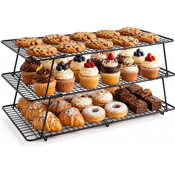 Cooling Rack, 3 Tier Stackable Racks for Cooking Baking Roasting, Multi-Level Collapsible Cookie Rack Cakes, Oven Safe & Easy Clean (Black, 3-Tier-SL)