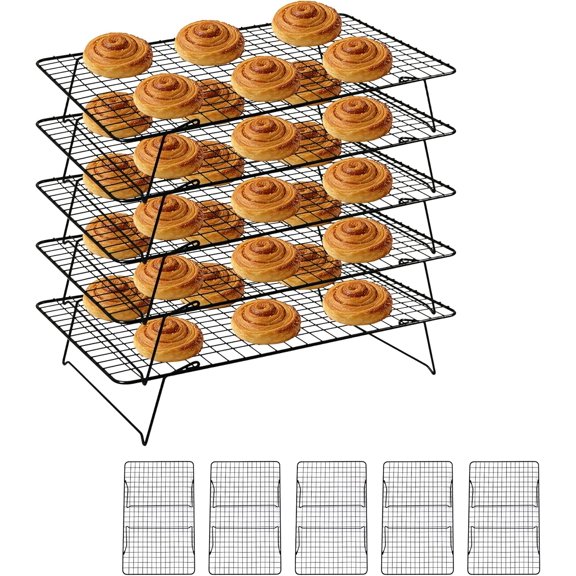 Cooling Rack, 5 Tier Stackable Cooling Racks for Cooking Baking Roasting, Multi-Level Collapsible Cookie Rack for Cakes, Oven Safe & Easy Clean (Black, 5-Tier)