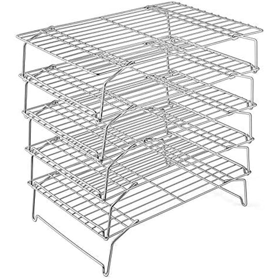 Cooling Rack, 5-Tier Stainless Steel Stackable Baking Cooking Racks for Cooling Roasting Grilling, Collapsible & Heavy Duty, Oven Safe & Easy Clean, 15" x 10", Silver