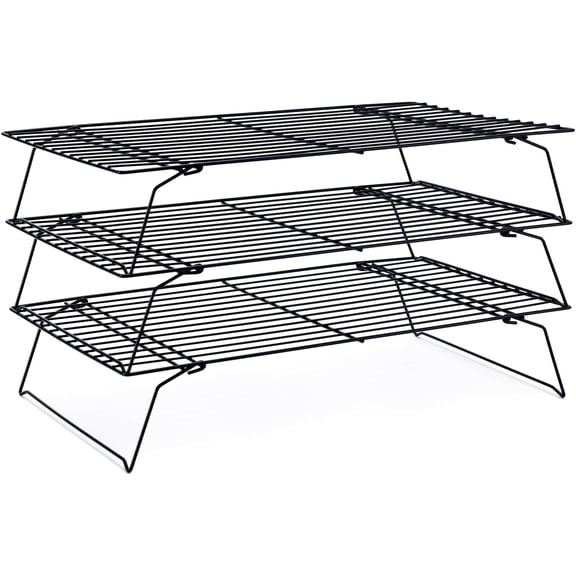 Cooling Rack for Baking 3 Tiers, 16" x 10" Cookie Cooling Wire Rack Stackable Collapsible Nonstick, Stainless Steel Baking Cooking Cooling Racks with Optimum Air Flow, Black