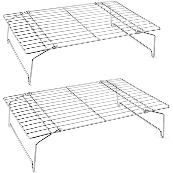 Cooling Rack Set of 2, 2-Tier Stackable Stainless Steel Wire Racks for Baking Cooking Cooling Roasting, Collapsible & Heavy Duty, Oven Safe & Easy Clean, 15" x 10", Silver