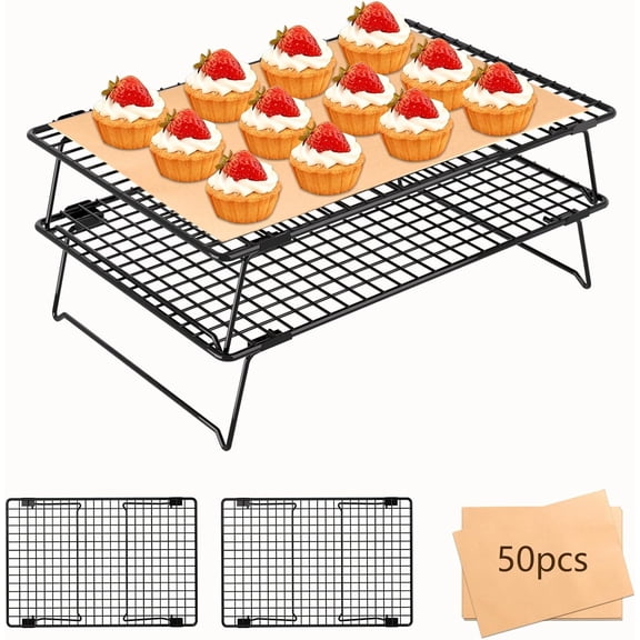 2-Tier Stackable Cooling Rack with Legs, 13"x 9" Nonstick Collapsible Wire Rack with 50 Pcs Parchment Paper for Baking Cookies, Cakes, Bread, Pizza