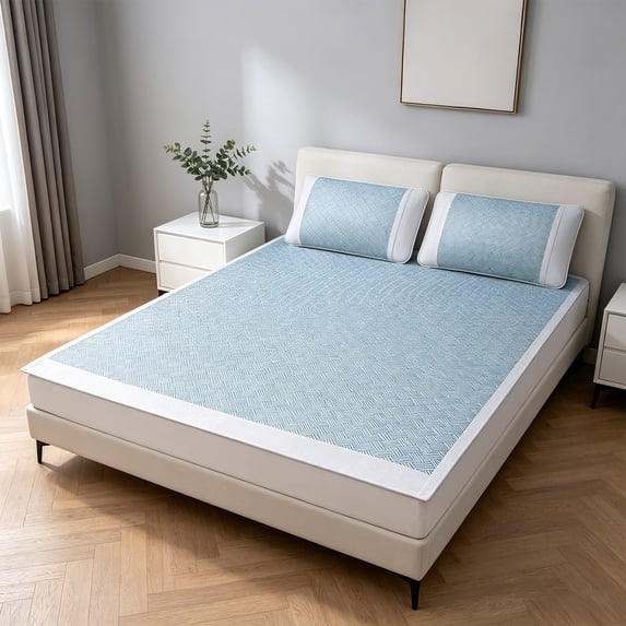 Cooling Rattan Mat Set Summer Foldable Ice Silk Mattress Pad with Pillowcases Breathable for Student Dormitory Bedroom 59x90in
