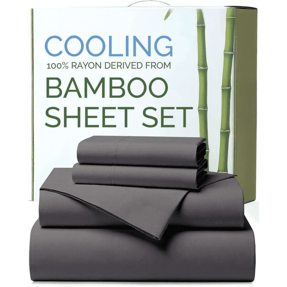 Cooling Rayon Bamboo Sheets Queen Set with 18 Inch Deep Pockets in Dark Grey